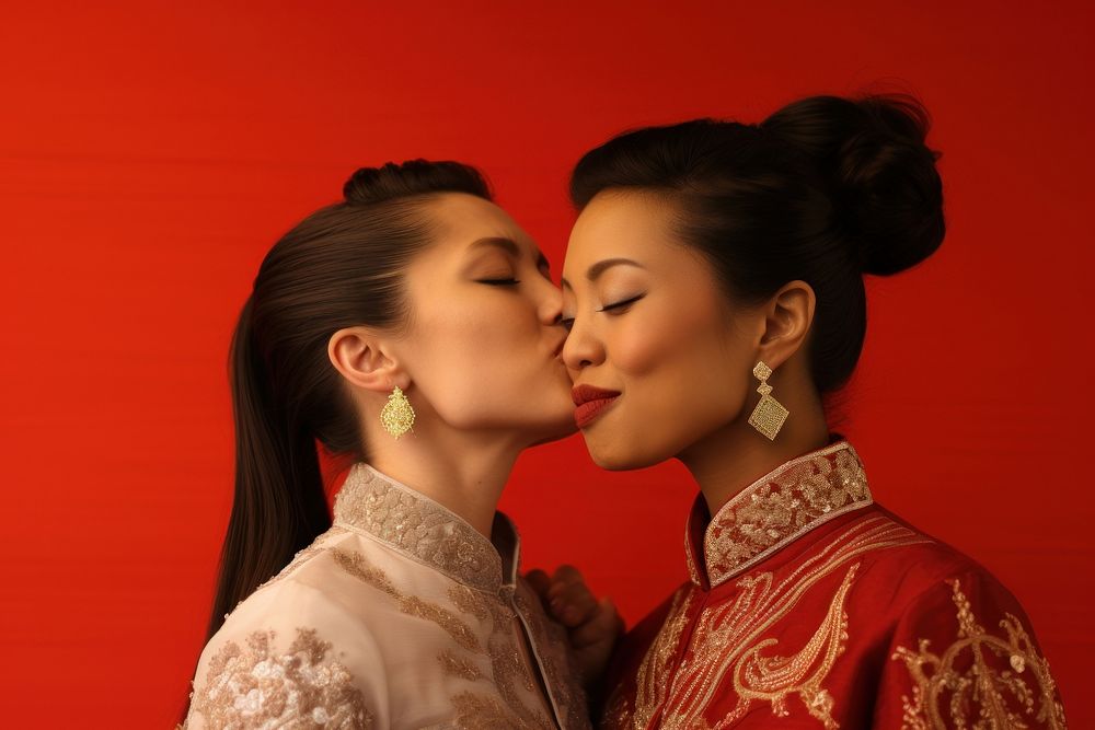 Asian sapphic kissing portrait jewelry. AI generated Image by rawpixel.