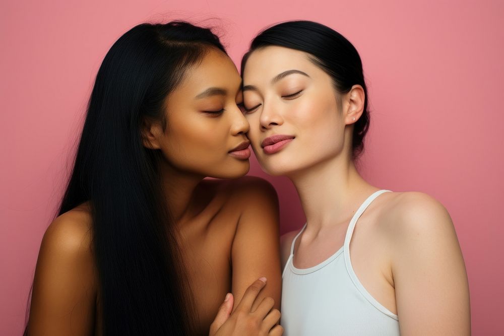 Asian sapphic kissing portrait adult. AI generated Image by rawpixel.