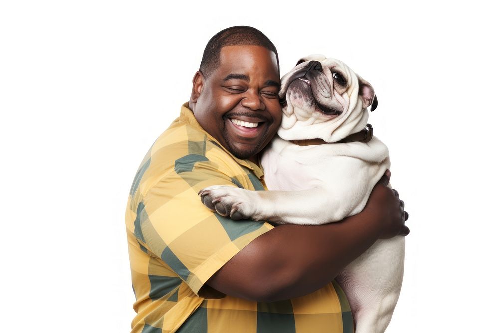 African american middle age chubby man hugging bulldog pet portrait animal. AI generated Image by rawpixel.