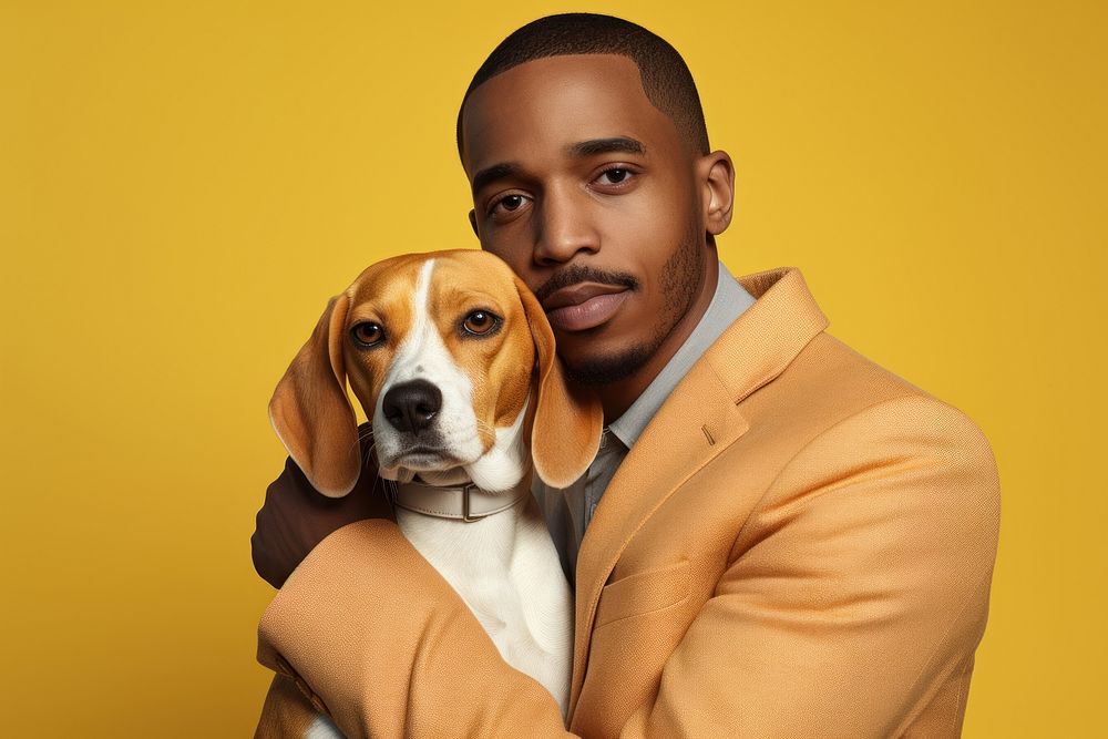 African man hugging beagle pet portrait animal. AI generated Image by rawpixel.