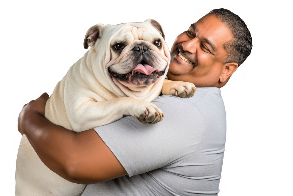 Indian middle age chubby man hugging bulldog pet mammal animal. AI generated Image by rawpixel.