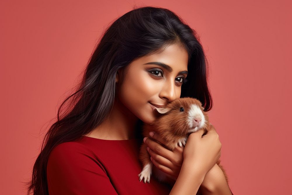 Indian woman hugging guinea pig pet portrait looking. AI generated Image by rawpixel.