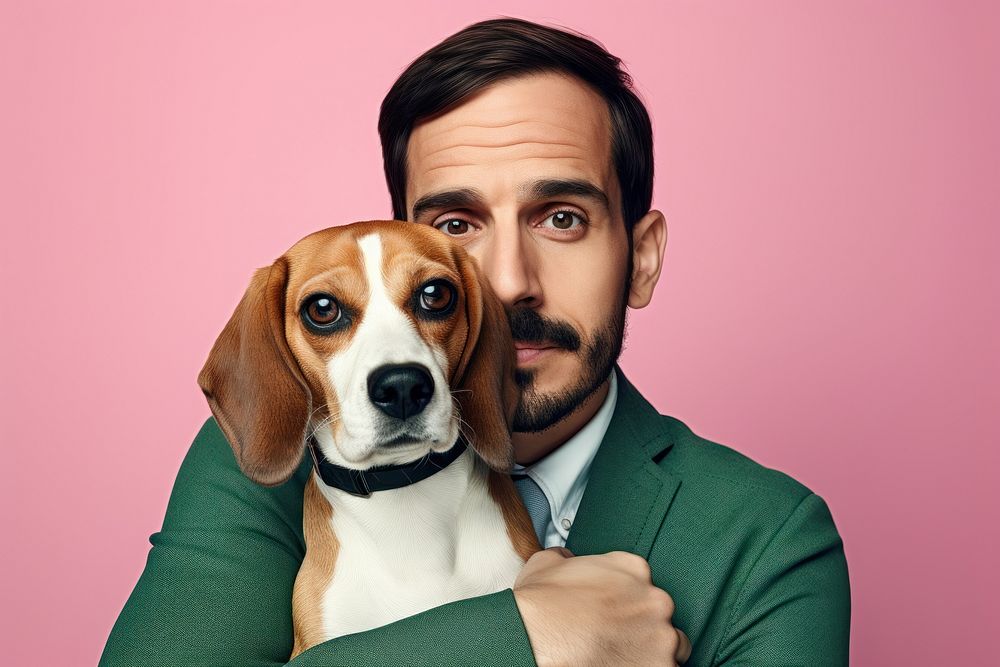 Middle east man hugging beagle pet portrait animal. AI generated Image by rawpixel.