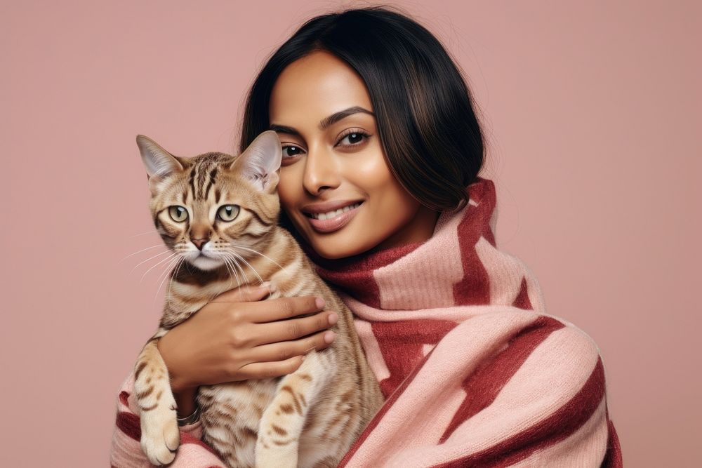 Thai woman hugging bengal cat pet portrait looking. AI generated Image by rawpixel.