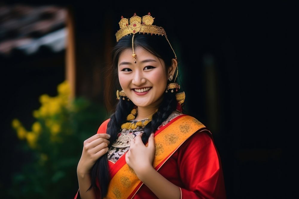 Bhutanese gorgeous a woman smile adult bride. AI generated Image by rawpixel.