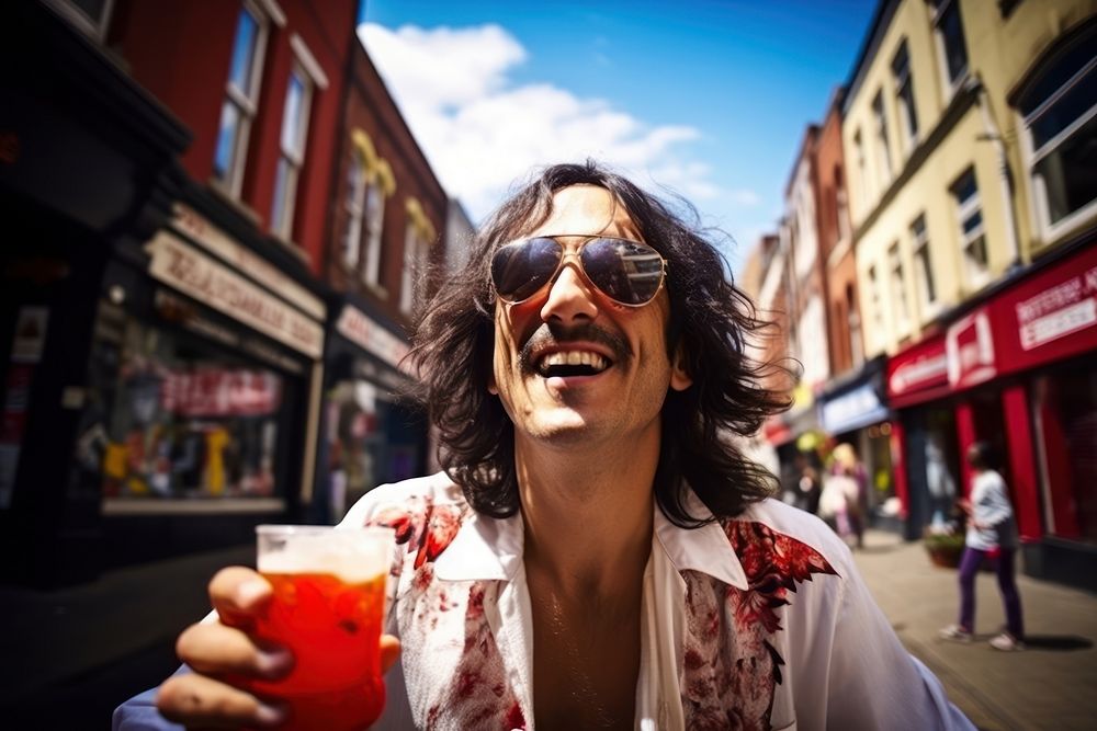 Hispanic argentinian man sweating drinking cola on street laughing portrait glasses. AI generated Image by rawpixel.