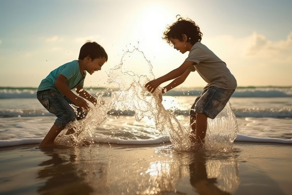 Latina brazillian boy splash water to his brother beach outdoors summer. AI generated Image by rawpixel.