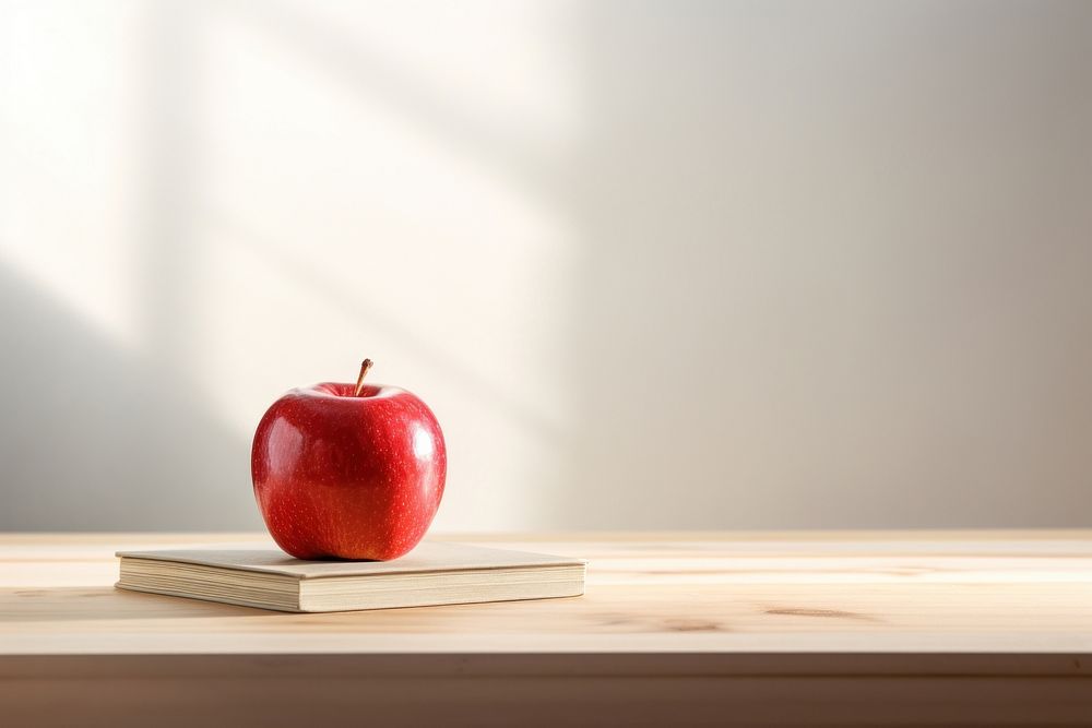 Red apple on book placed fruit table wood. AI generated Image by rawpixel.