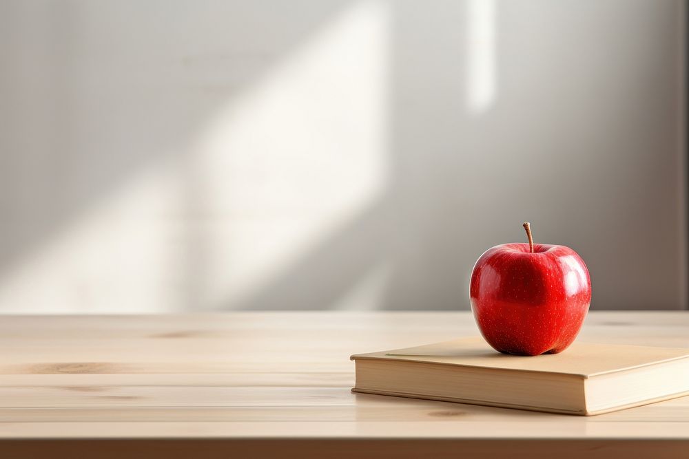 Red apple on book placed fruit table plant. AI generated Image by rawpixel.