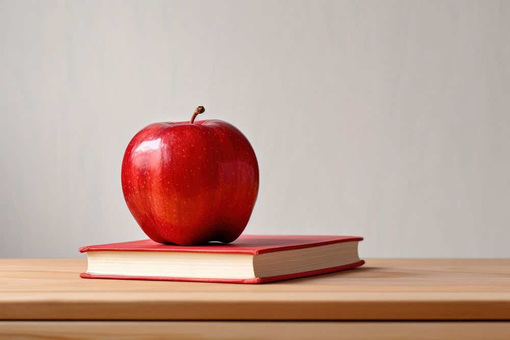 Red apple on book placed publication fruit table. AI generated Image by rawpixel.