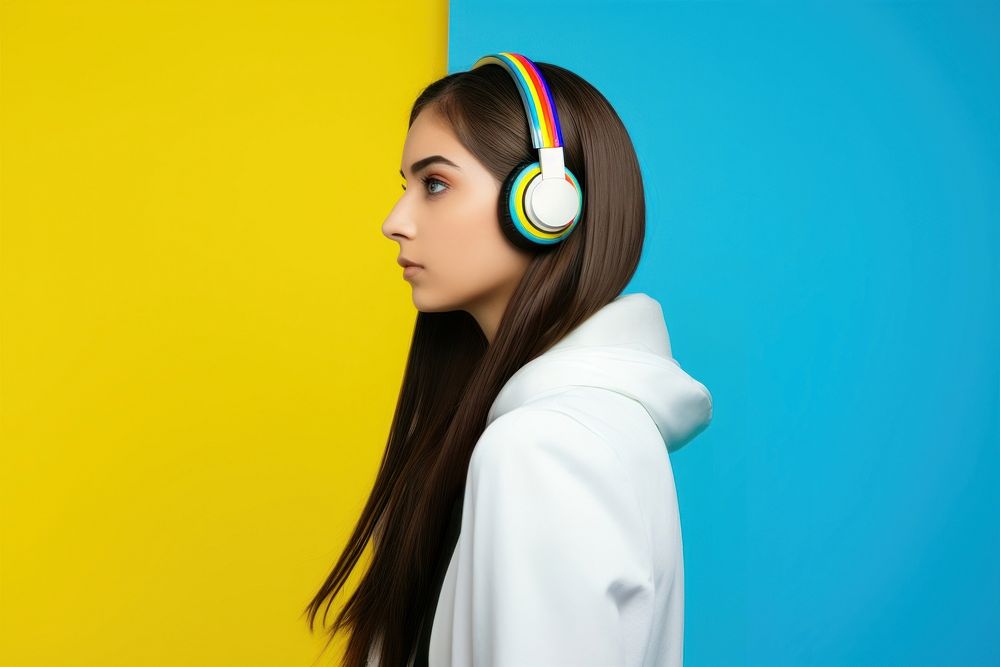 Teenager woman wearing a wireless headphone headphones portrait headset. AI generated Image by rawpixel.