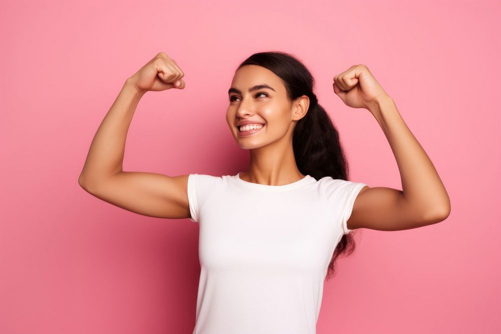 Women flex muscles pose portrait smile adult. AI generated Image by rawpixel.