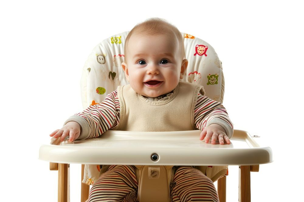 A baby sitting in a high chair with a happy face portrait furniture photo. AI generated Image by rawpixel.