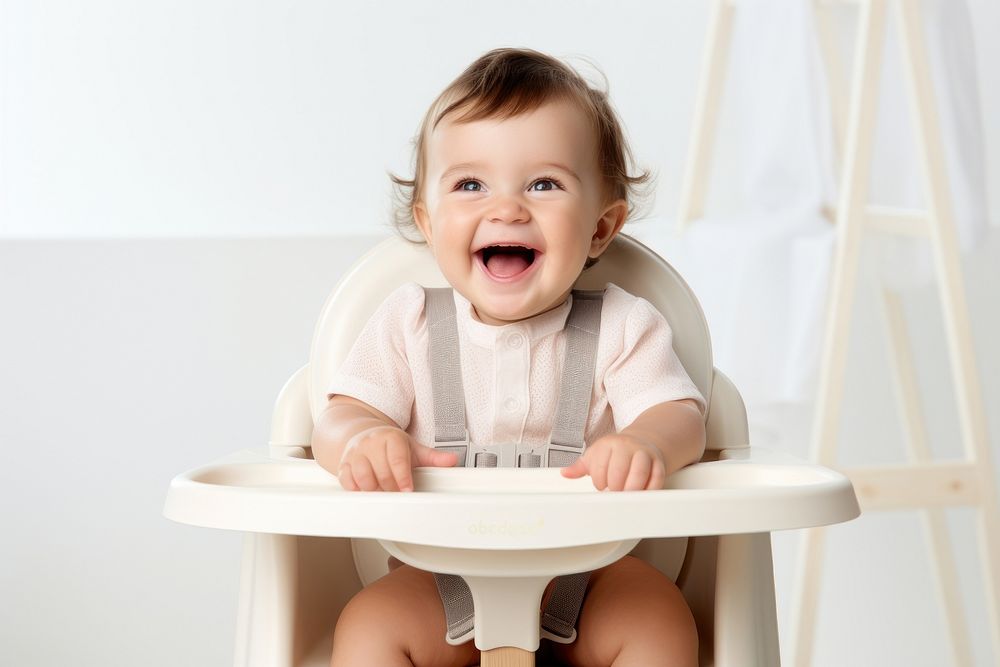 A baby sitting in a high chair with a happy face portrait innocence happiness. AI generated Image by rawpixel.