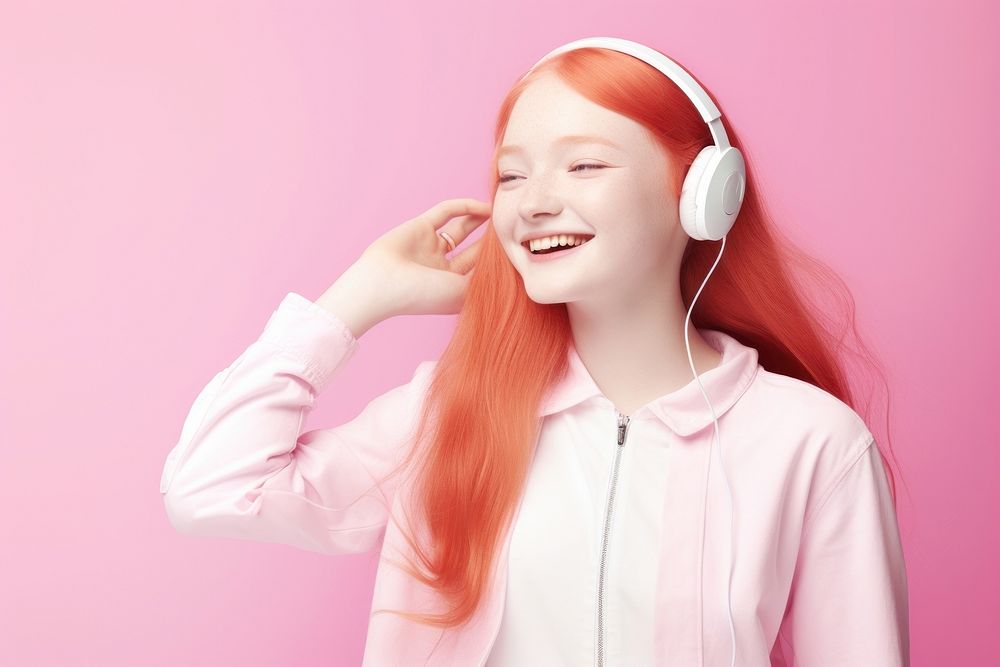 Teenager woman wearing a wireless headphone happy face headphones portrait adult. AI generated Image by rawpixel.