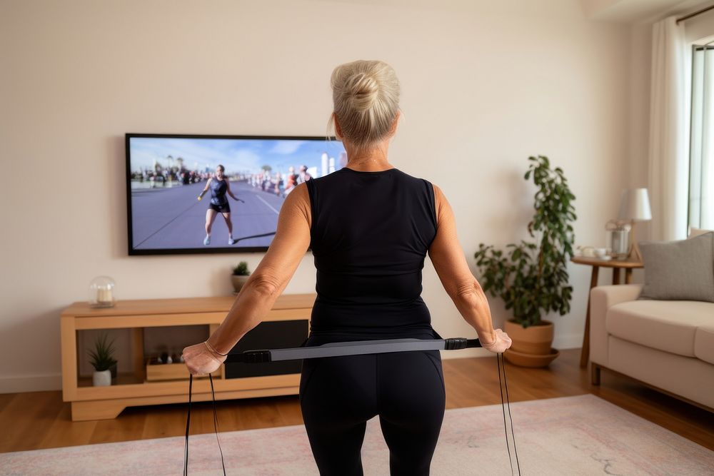 Mature woman watching and copying exercises with a resistance band in her living room sports screen adult. AI generated…
