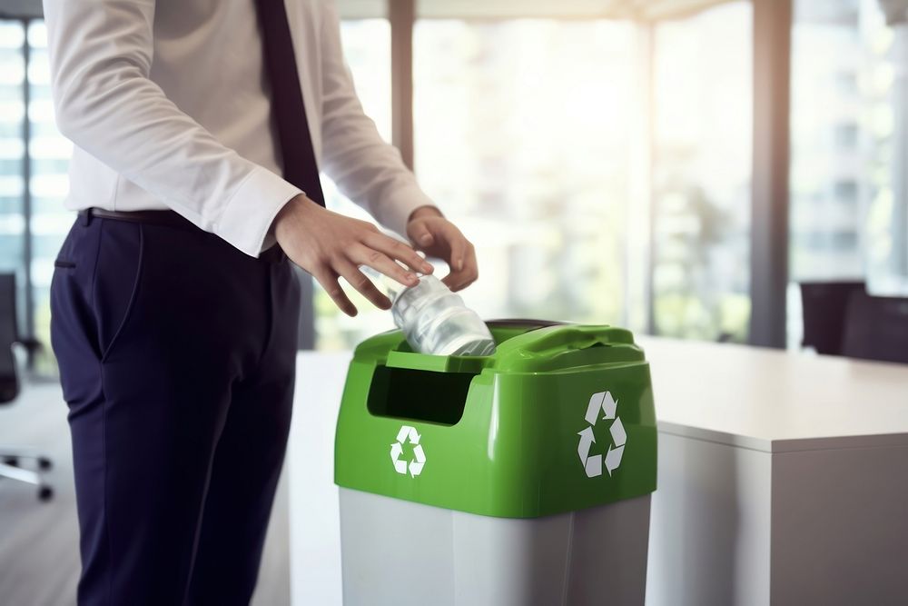 Man in business attire trash bottle into green recycle bin adult container recycling. AI generated Image by rawpixel.
