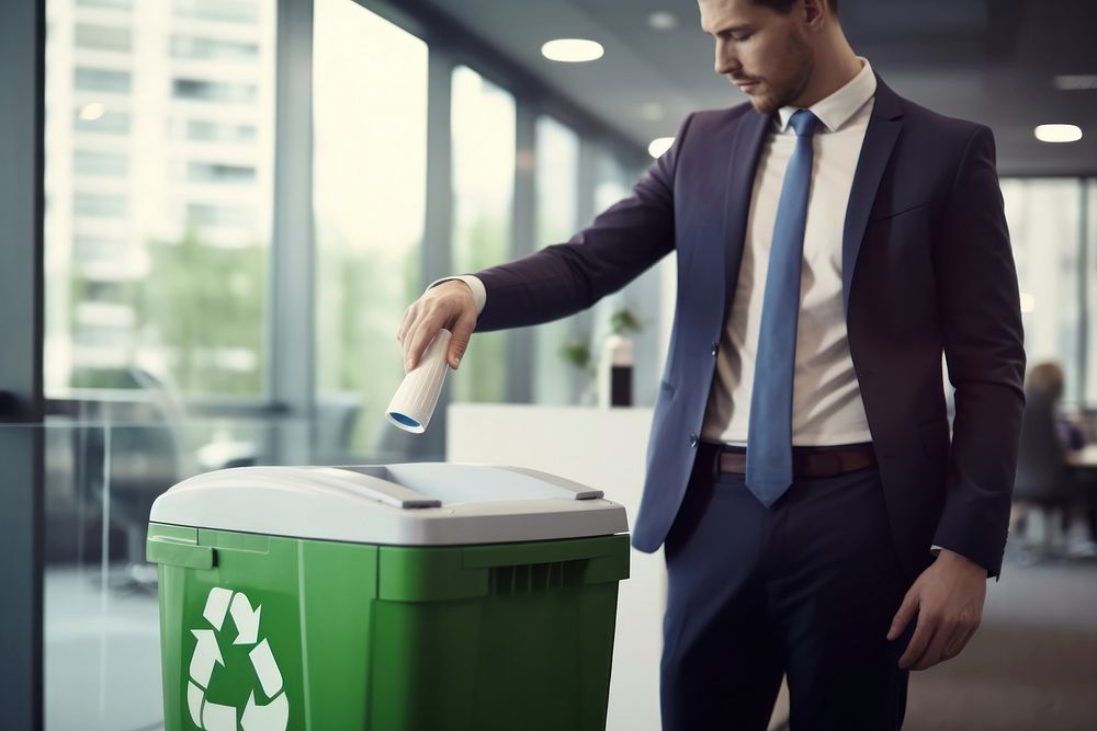 Man in business attire trash bottle into green recycle bin office adult accessories. AI generated Image by rawpixel.