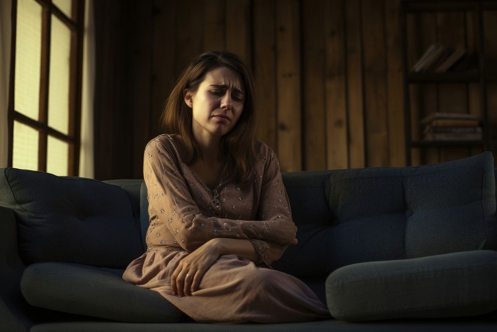 Woman sitting on couch with stomach pain furniture portrait worried. AI generated Image by rawpixel.