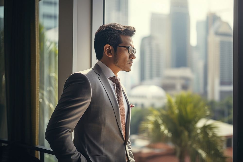 Malaysian businessman looking window adult. AI generated Image by rawpixel.
