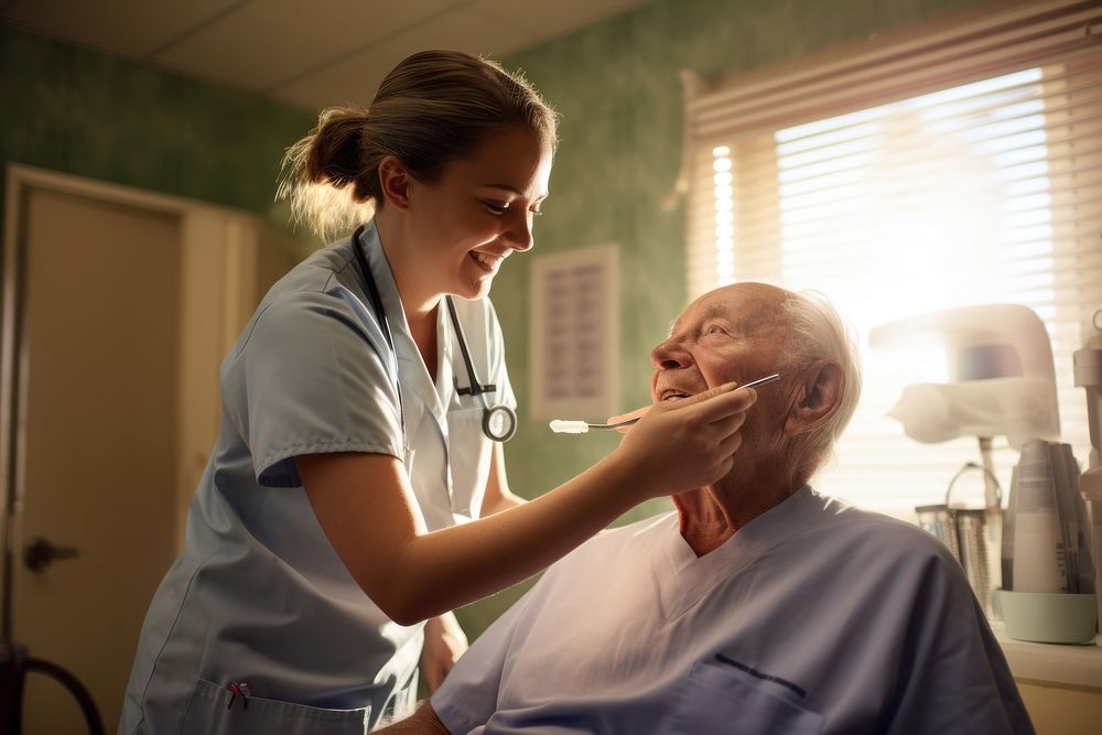 Female healthcare worker assisting senior man in shaving at bathroom hospital female adult. AI generated Image by rawpixel.