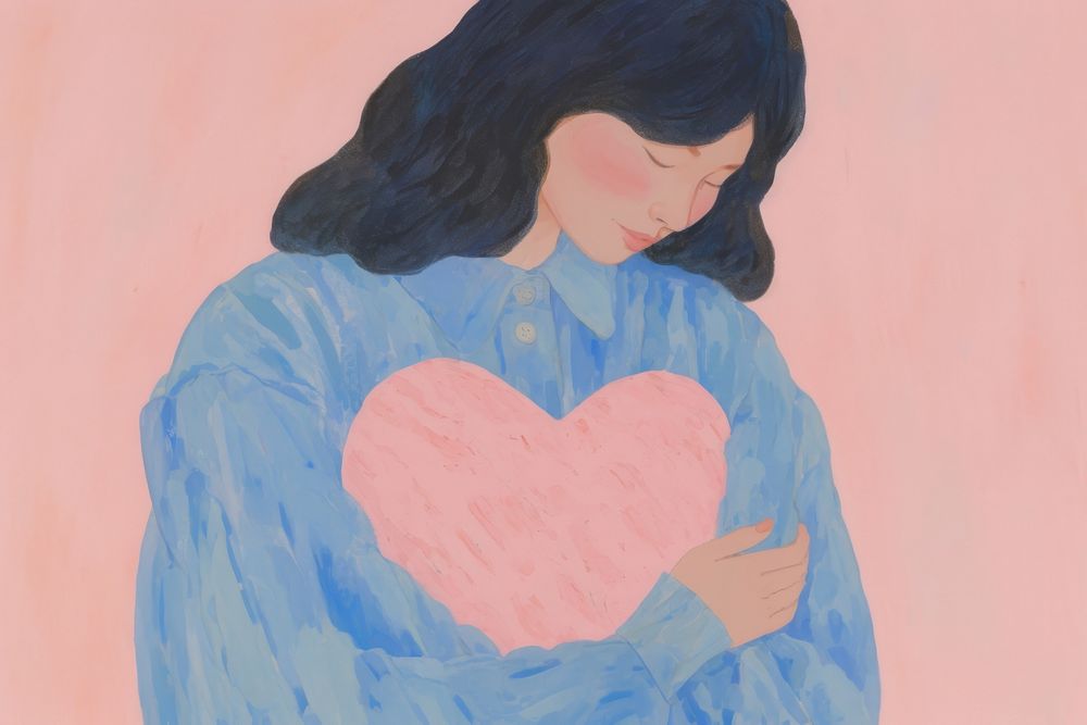 Young woman embraces a big red heart painting adult love. AI generated Image by rawpixel.
