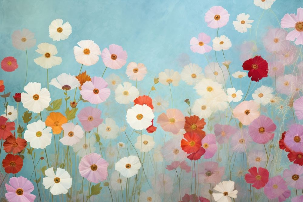 Flowers in the landscape painting outdoors blossom. AI generated Image by rawpixel.