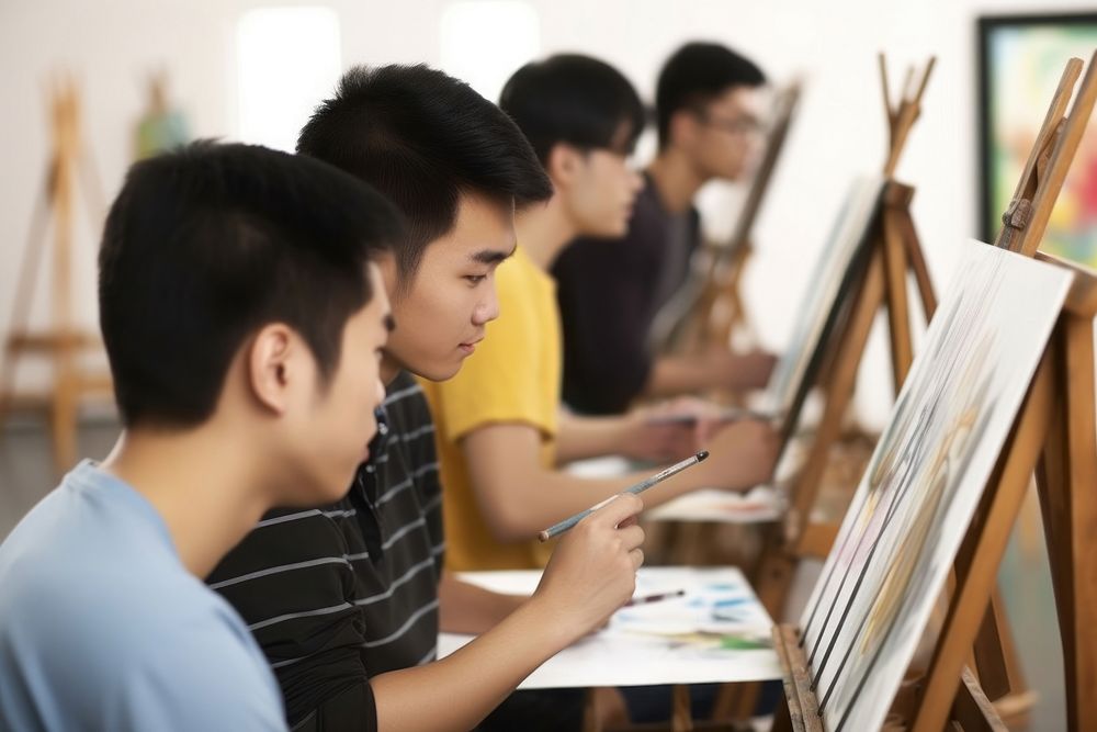 Asian students drawing education painting studio. AI generated Image by rawpixel.