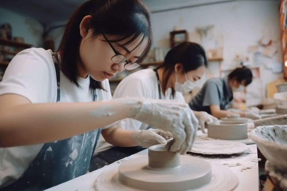 Asian students making ceramic workshop pottery adult. AI generated Image by rawpixel.