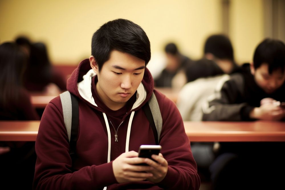Bored asian male student adult phone conversation. AI generated Image by rawpixel.