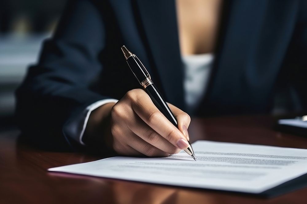 Female businessperson signs contract writing office paper. AI generated Image by rawpixel.