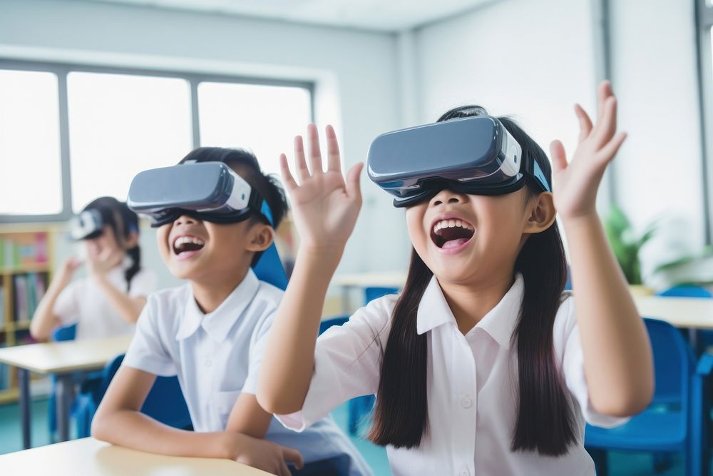 Asian students using VR goggles education classroom school. AI generated Image by rawpixel.
