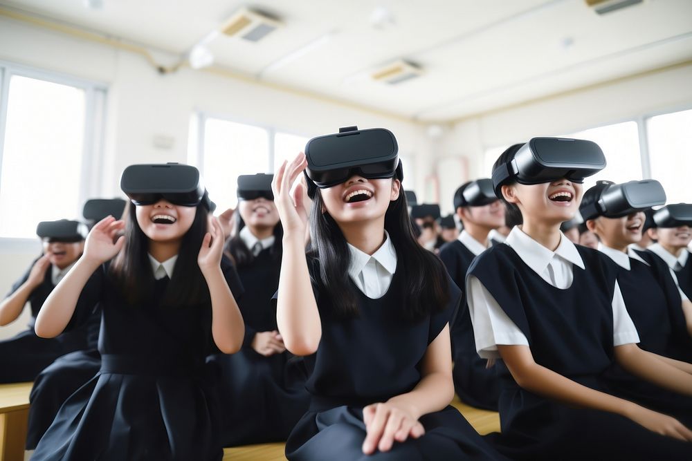 Asian students using VR goggles adult happy technology. AI generated Image by rawpixel.