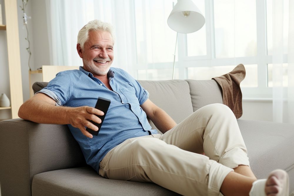 Man with broken leg in plaster cast sitting cheerful holding. AI generated Image by rawpixel.