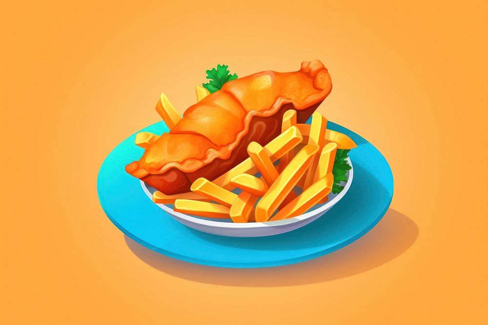 Fish and chips cartoon plate food. AI generated Image by rawpixel.