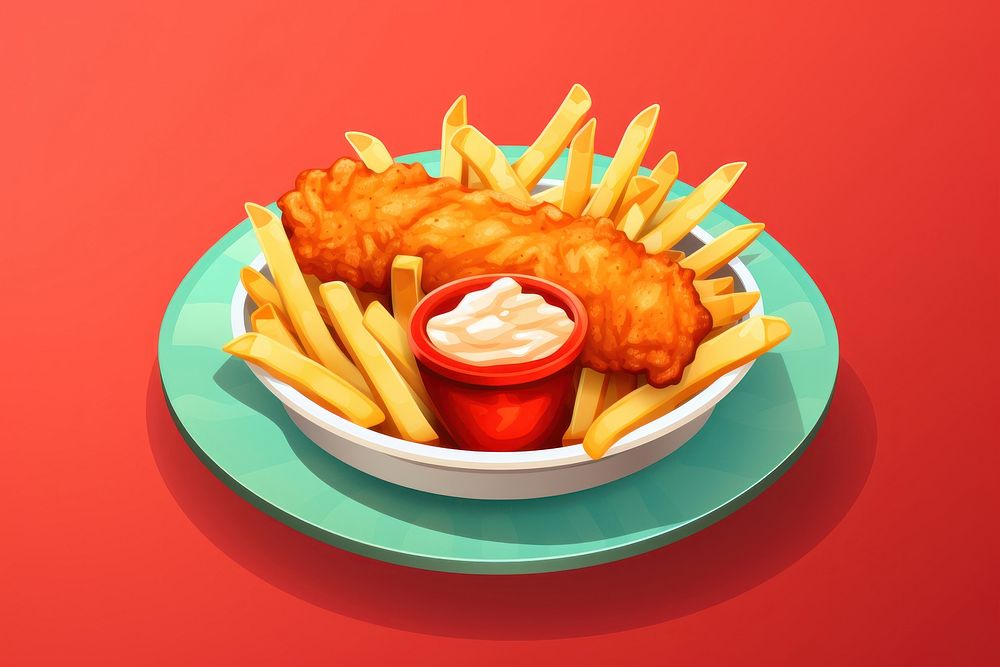 Fish and chips ketchup cartoon food. AI generated Image by rawpixel.