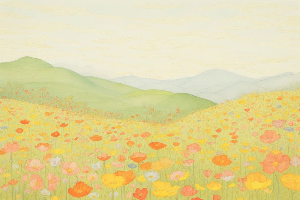 Flower field background painting backgrounds drawing. AI generated Image by rawpixel.
