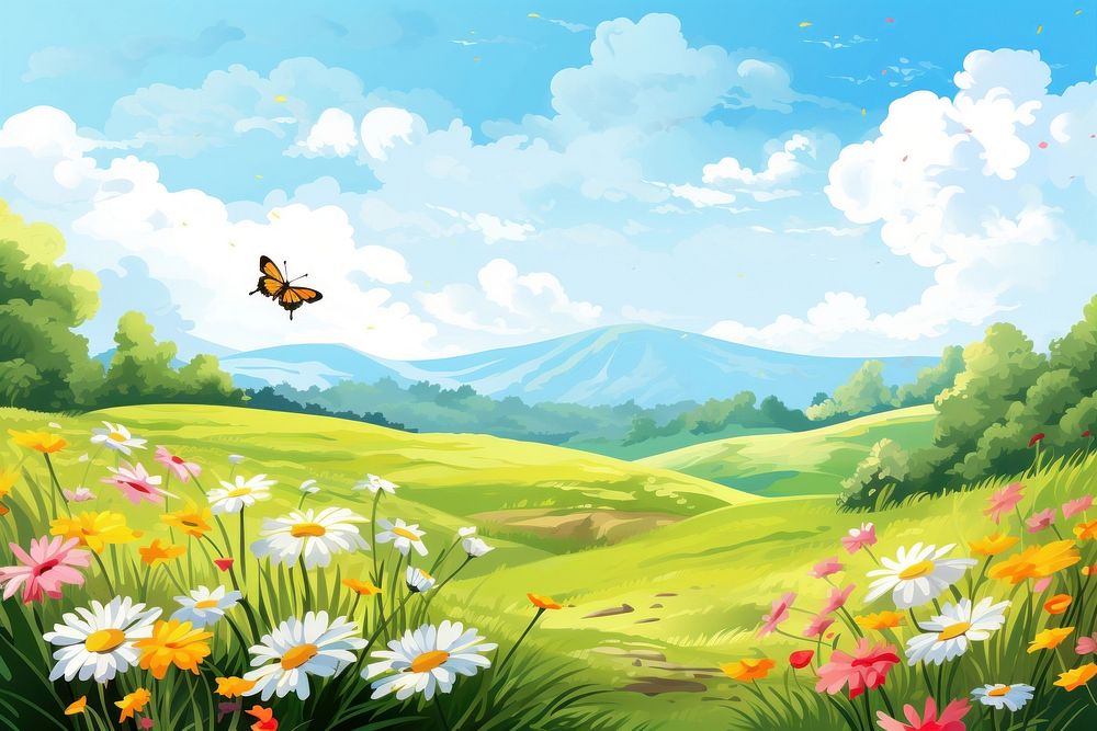 Bees and butterflies in spring or summer landscape nature meadow. AI generated Image by rawpixel.