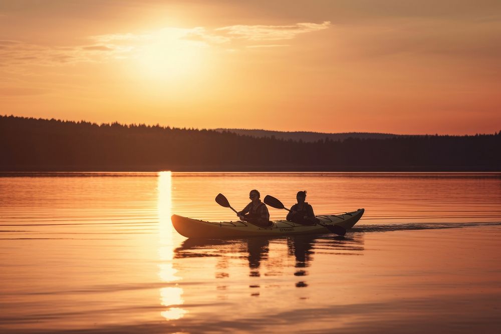 Two people kayaking vehicle rowboat sunset. AI generated Image by rawpixel.