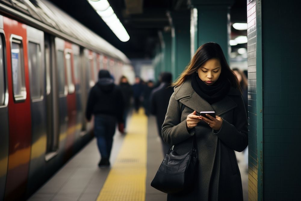 Woman using a phone vehicle subway train. AI generated Image by rawpixel.