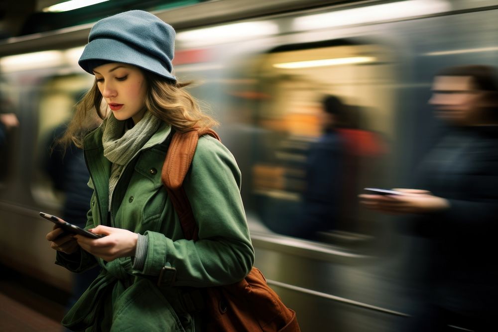 Woman using a phone vehicle subway speed. AI generated Image by rawpixel.