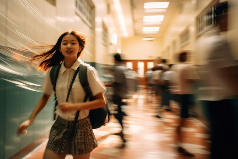 Asian teenager students walking adult speed architecture. AI generated Image by rawpixel.