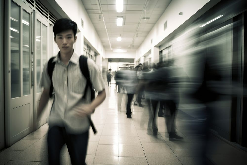 Asian teenager students walking architecture corridor speed. AI generated Image by rawpixel.