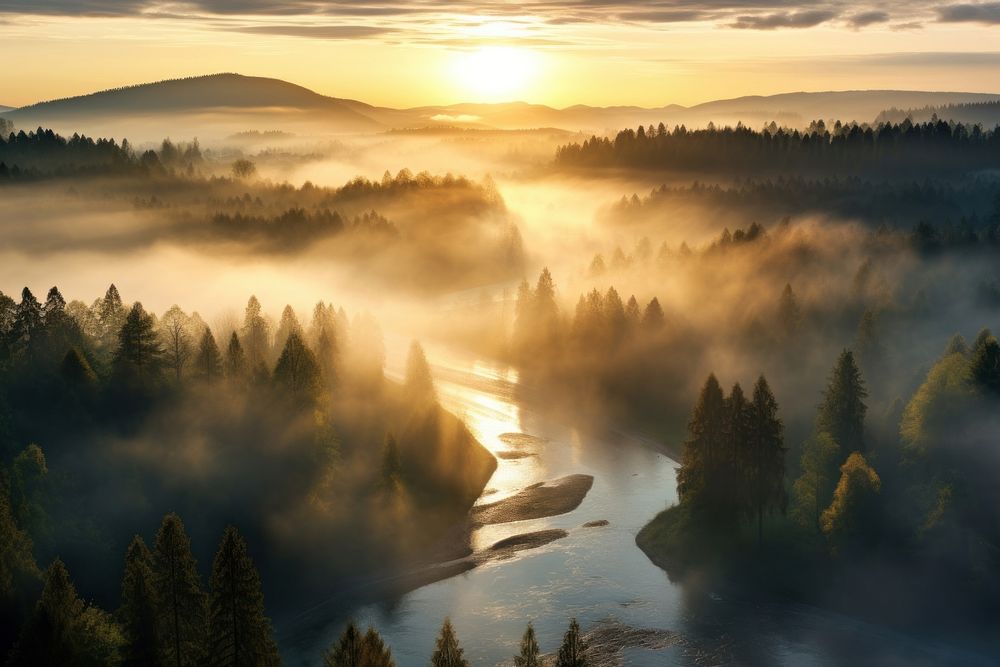 River valley in the morning fog landscape nature tree. AI generated Image by rawpixel.