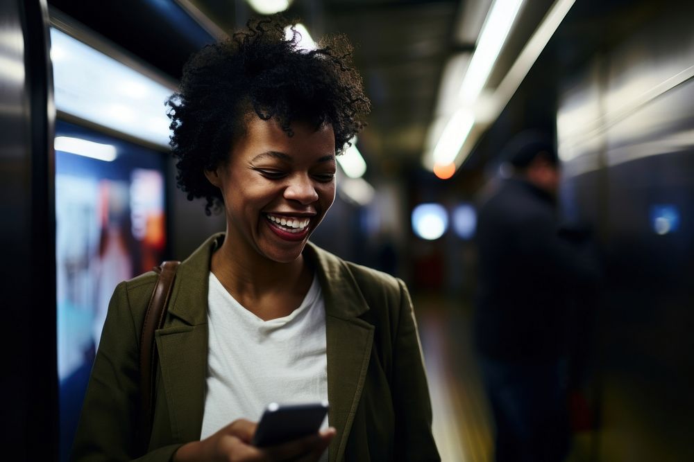 Video chat in smart phone adult laughing subway. AI generated Image by rawpixel.