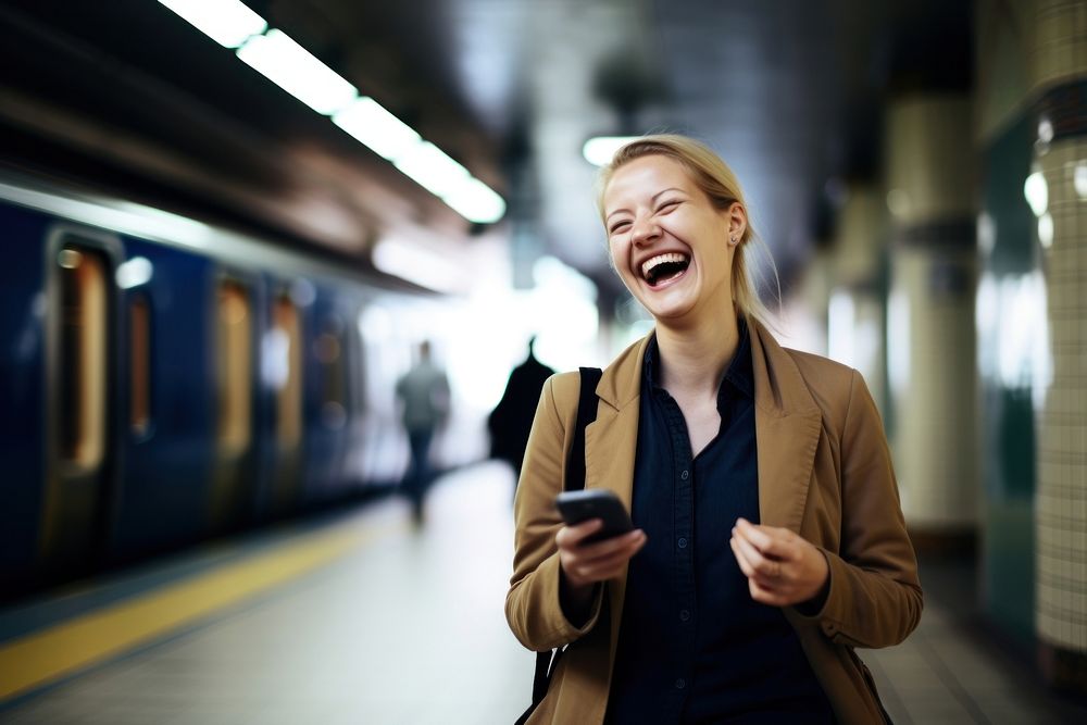Video chat in smart phone laughing adult train. AI generated Image by rawpixel.