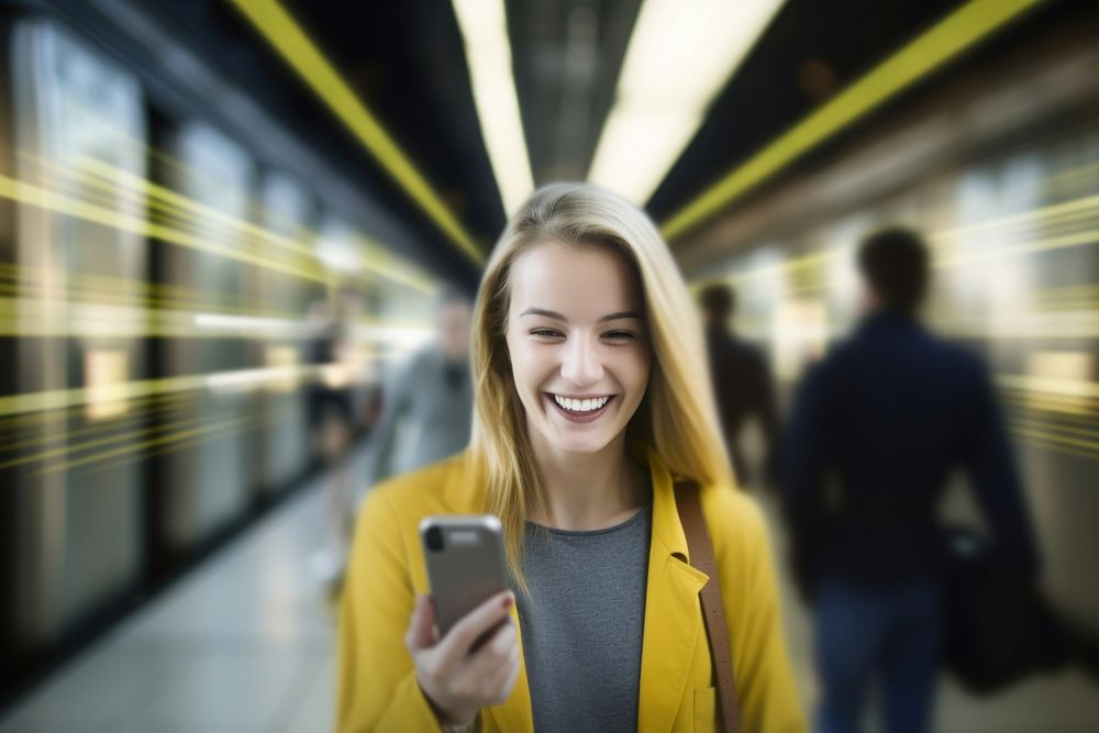 Woman smilling during video chat adult subway speed. AI generated Image by rawpixel.