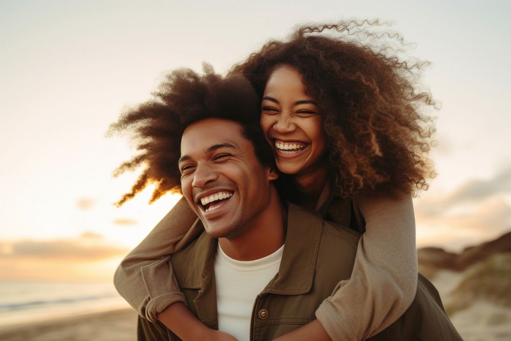 Black couple laughing sunset smile. AI generated Image by rawpixel.