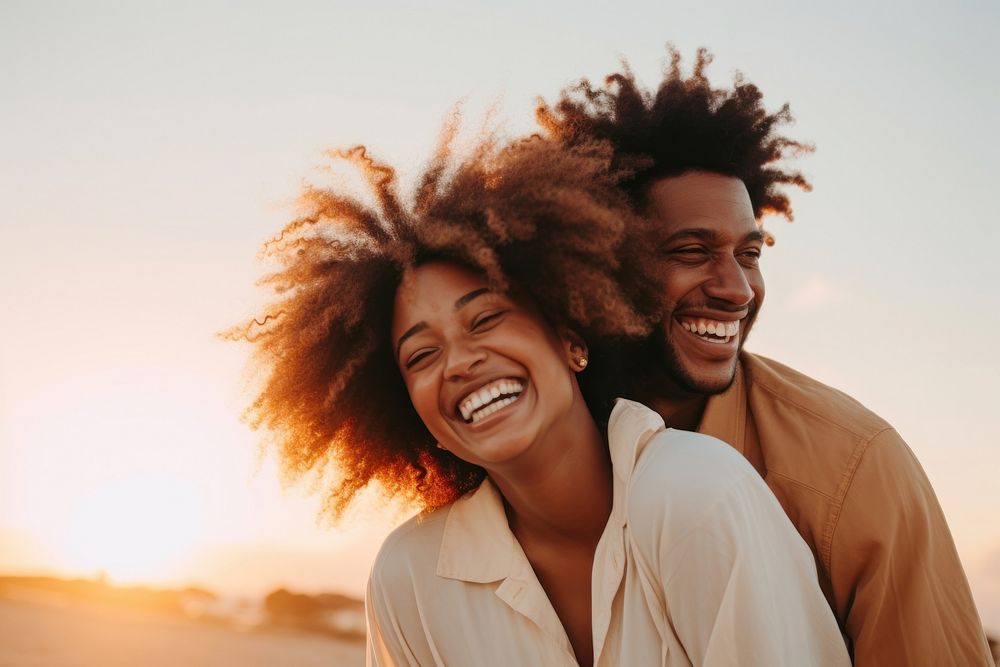 Black couple laughing sunset adult. AI generated Image by rawpixel.