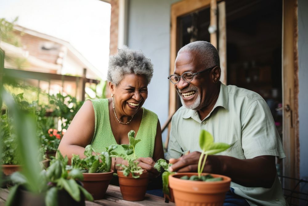 African senior couple having fun gardening outdoors adult plant. AI generated Image by rawpixel.